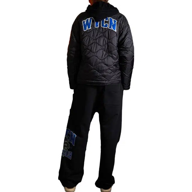 华人青年 贴布绣翻领绗缝棉服格形纹理夹克 男款 黑色