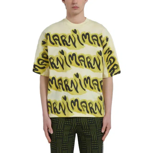 MARNI Gelbes T-Shirt Aus Bio-Baumwolle Mit Logo-Streifen T