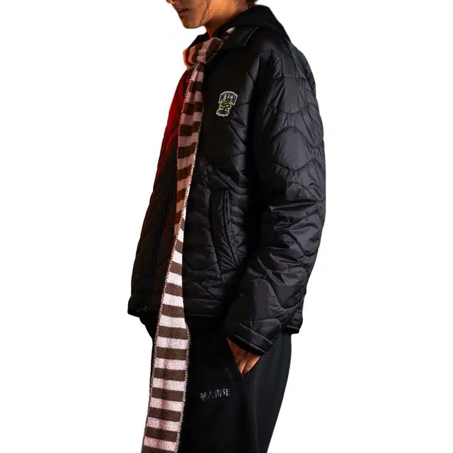 华人青年 贴布绣翻领绗缝棉服格形纹理夹克 男款 黑色