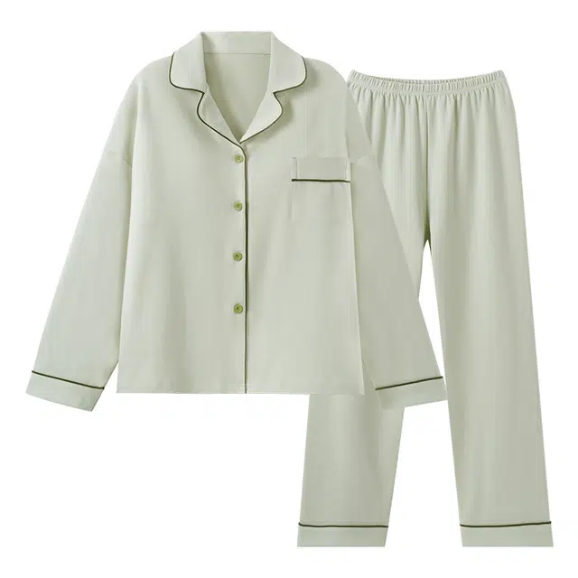 欧诗帛 简约亲肤舒适带胸垫翻领开衫长袖可外穿休闲长裤睡衣套装 女款 浅绿色