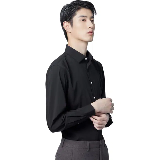 依文 高级商务尖领纯色休闲长袖衬衫 男款 黑色