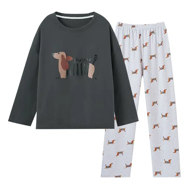 欧诗帛 简约亲肤舒适带胸垫高颜值长袖可外穿满印休闲长裤睡衣套装 女款 图片色