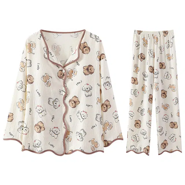 兰缪 带胸垫一体长袖长裤薄款家居服睡衣套装 女款 图色