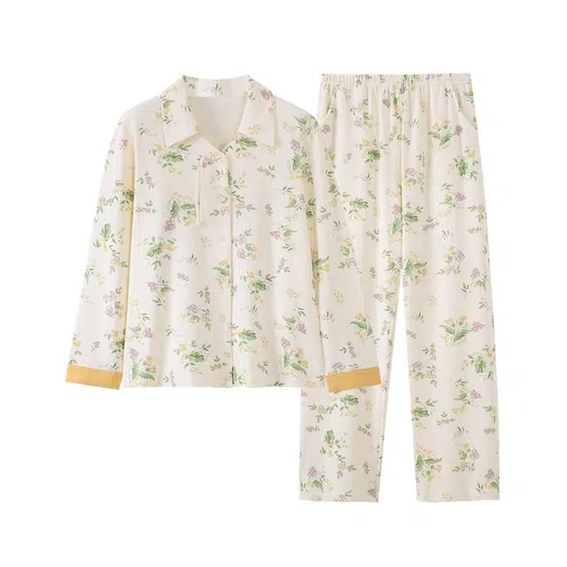 歌倩雅 纯棉长袖开衫翻领甜美碎花可外穿睡衣套装 女款 图色