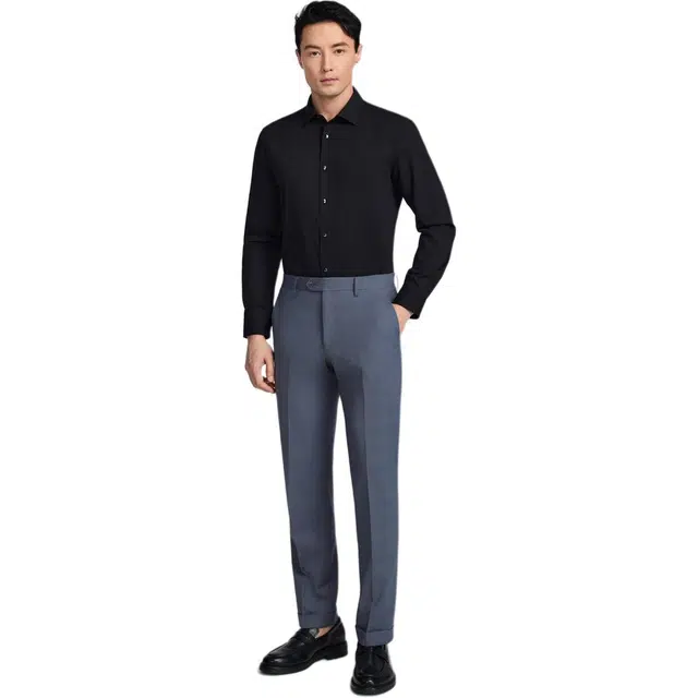 依文 休闲商务纯色长袖衬衫 男款 黑色