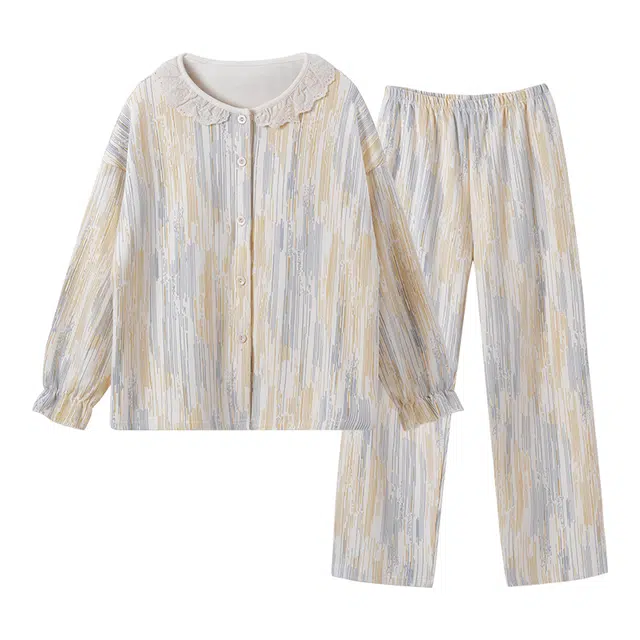 欧诗帛 柔软舒适亲肤透气带胸垫长袖长裤睡衣套装 女款 图片色