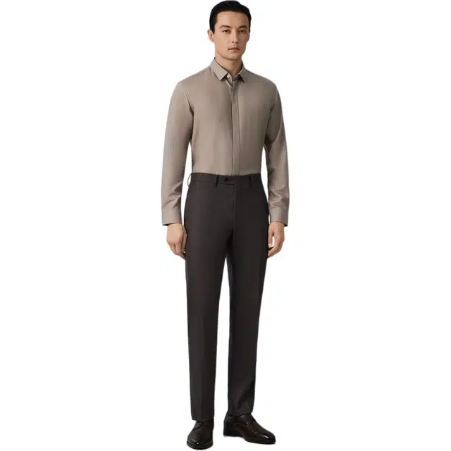 依文 尖领商务休闲长袖衬衫 男款 卡其