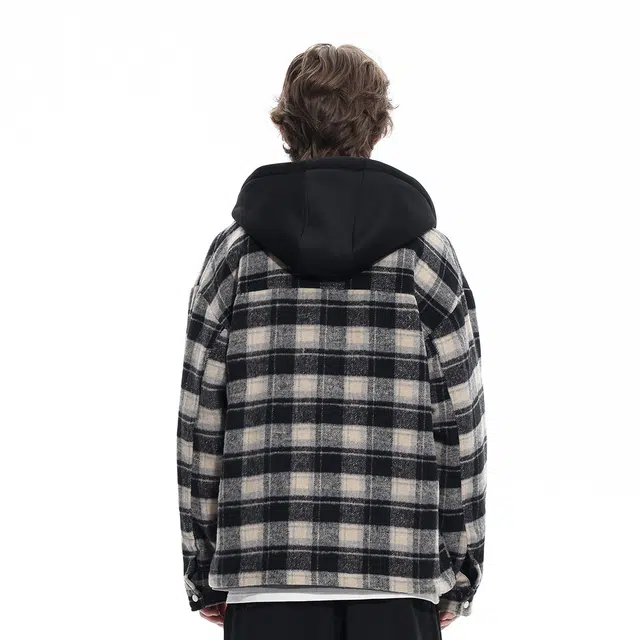 雅鹿 美式潮流连帽仿毛呢上衣时尚简约百搭休闲高街宽松高级感痞帅格子夹克外套 男女同款