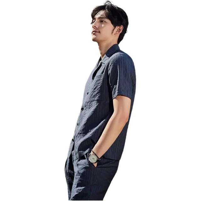 迪柯尼 新自然系列 中国风抗皱易打理短袖衬衫 男款 绿条