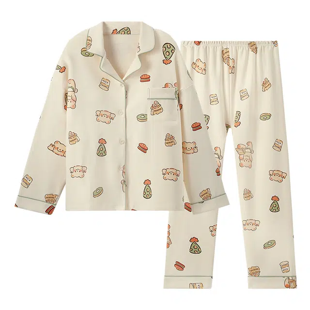 欧诗帛 简约高颜值带胸垫亲肤舒适长袖休闲可外穿长裤睡衣套装 女款 杏色