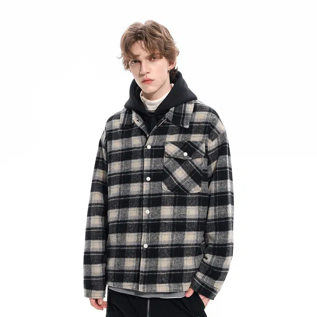 雅鹿 美式潮流连帽仿毛呢上衣时尚简约百搭休闲高街宽松高级感痞帅格子夹克外套 男女同款
