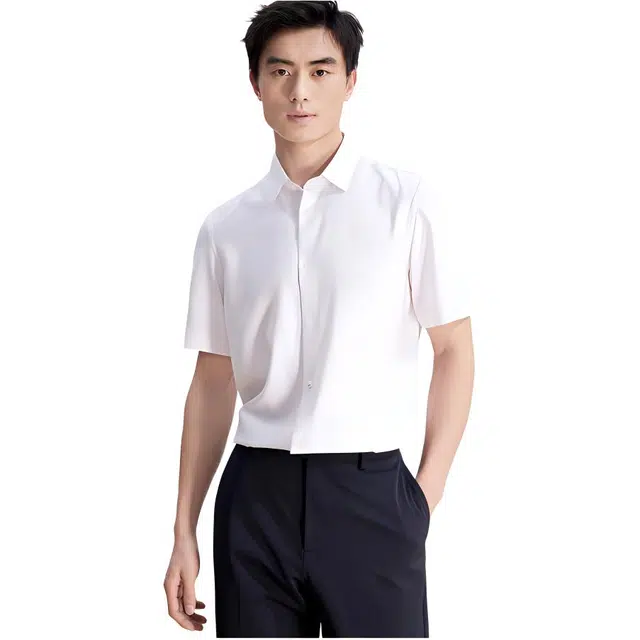 依文 纯色尖领纽扣短袖衬衫 男款 白色