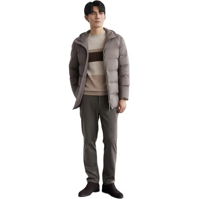 依文 纯色连帽休闲羽绒服 男款 灰咖色
