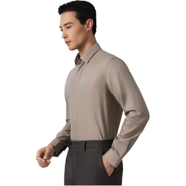 依文 尖领商务休闲长袖衬衫 男款 卡其