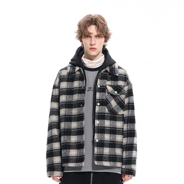 雅鹿 美式潮流连帽仿毛呢上衣时尚简约百搭休闲高街宽松高级感痞帅格子夹克外套 男女同款