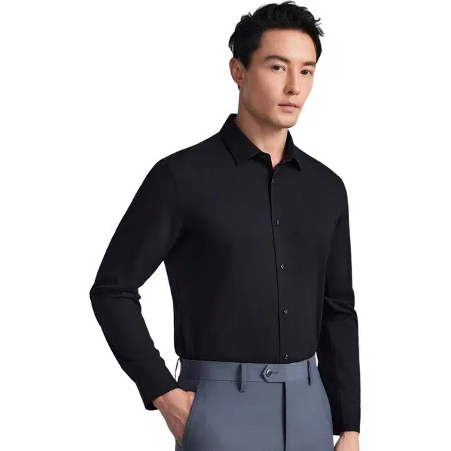 依文 休闲商务纯色长袖衬衫 男款 黑色