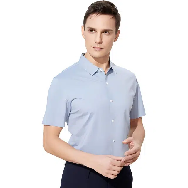 依文 纯色尖领纽扣短袖衬衫 男款 天蓝色