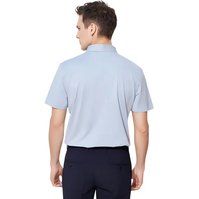 依文 纯色尖领纽扣短袖衬衫 男款 天蓝色