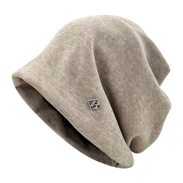 木林森 秋冬季薄款日系复古金属小标纯色百搭堆堆帽显脸小宽松包头 棉 绒线帽 男女同款情侣款