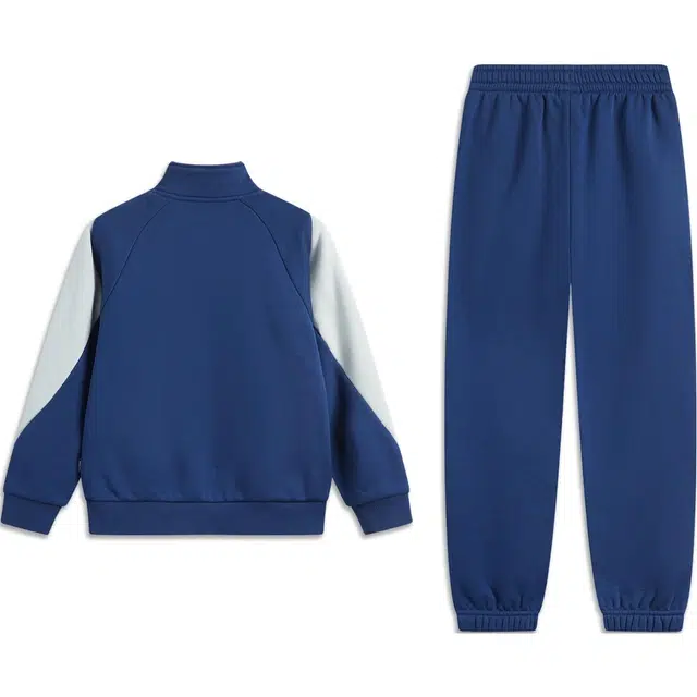 李宁儿童 运动生活系列 字母拼色立领透气加绒保暖卫衣中腰长裤休闲运动套装 藏青蓝青少年