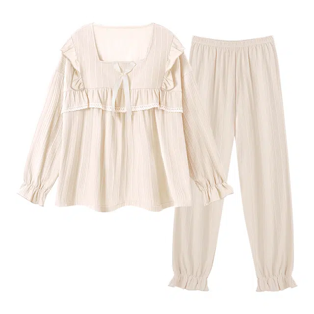 欧诗帛 带胸垫纯色透气长袖长裤可外穿睡衣套装 女款 杏色