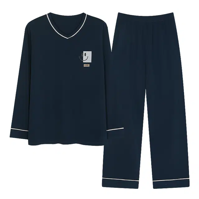 梦特娇 卡通笑脸长袖长裤可外穿家居服 小众高级感纯色简约宽松大码纯棉保暖上衣舒适亲肤睡衣套装 秋冬季 男女同款 两件套 深蓝色/粉色