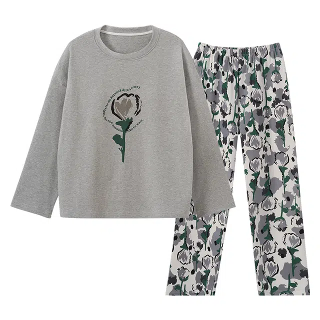 欧诗帛 带胸垫休闲舒适长袖长裤可外穿睡衣套装 女款 图色