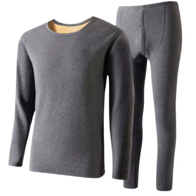 兰缪 圆领加绒加厚羊羔绒聚热锁温高弹亲肤吸湿透气零感贴合保暖套装 男款