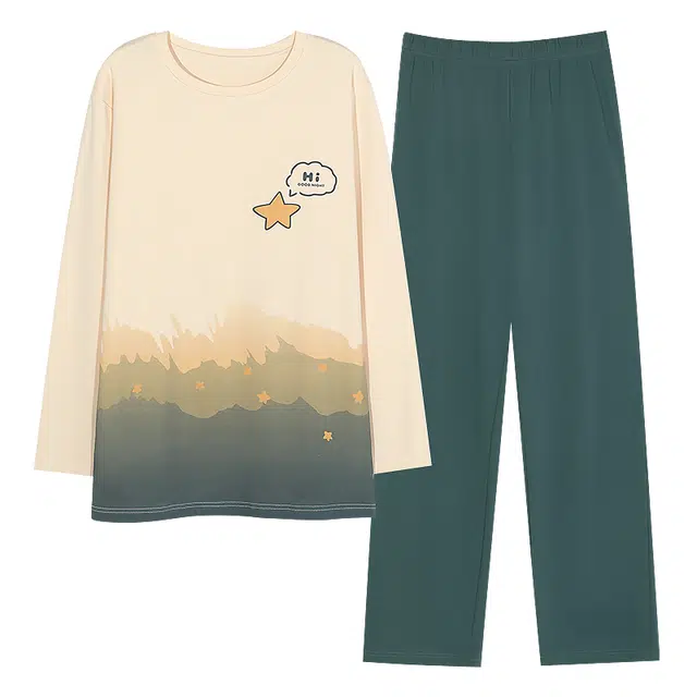 梦特娇 卡通韩版可外穿长裤长袖家居服 舒适百搭休闲简约纯棉保暖上衣宽松大码睡衣套装 秋冬季 男女同款 两件套 图色