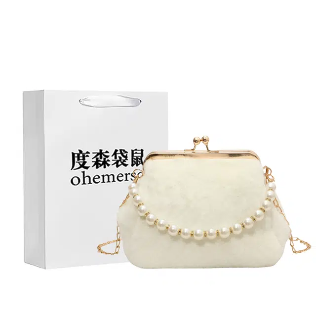 度森袋鼠 高级感洋气百搭时尚珍珠 毛呢 单肩包 女款 白色/黑色/卡其色/豹纹