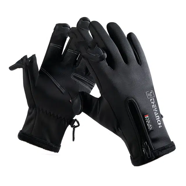 山一丸 冬季漏二指触屏加绒加厚保暖钓鱼骑车保暖 潜水布 手套 男女同款情侣款