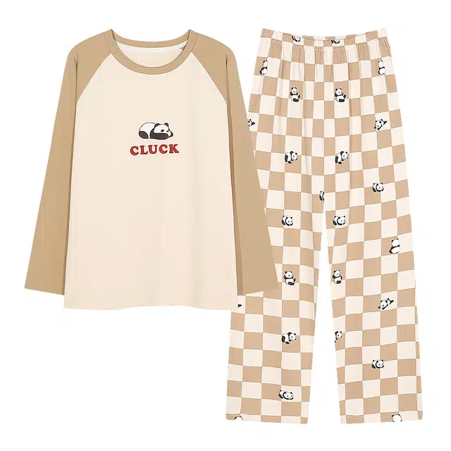 梦特娇 简约卡通套头长袖长裤可外穿家居服 印花小众设计休闲风 纯棉保暖舒适上衣柔软亲肤睡衣套装 秋冬季 男女同款 两件套 杏色