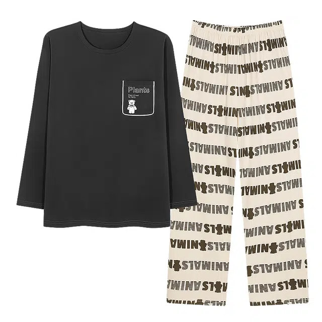 梦特娇 简约休闲套头纯棉长袖长裤家居服可外穿 卡通字母百搭设计青少年舒适亲肤宽松保暖上衣睡衣套装 秋冬季 男款 两件套 炭黑色