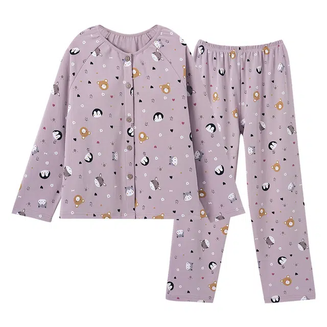 欧诗帛 简约亲肤舒适满印带胸垫长袖休闲可外穿长裤睡衣套装 女款 紫色