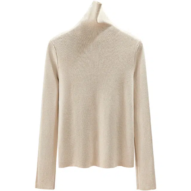 她池 套头高领闪亮丝简约修身内搭打底衫长袖针织衫 女款 燕麦色