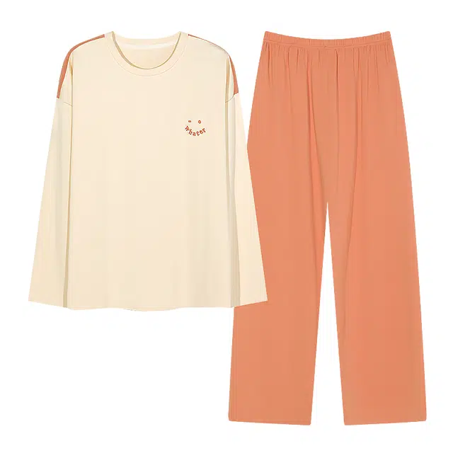梦特娇 简约纯棉圆领长袖直筒长裤家居服可外穿 韩版时尚休闲风保暖舒适亲肤青年上衣睡衣套装 秋冬季 男女同款 两件装 灰色/橙色