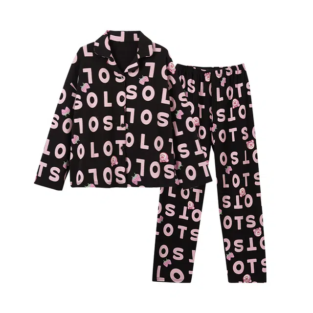 欧诗帛 带胸垫简约满印长袖长裤可外穿睡衣套装 女款 黑色