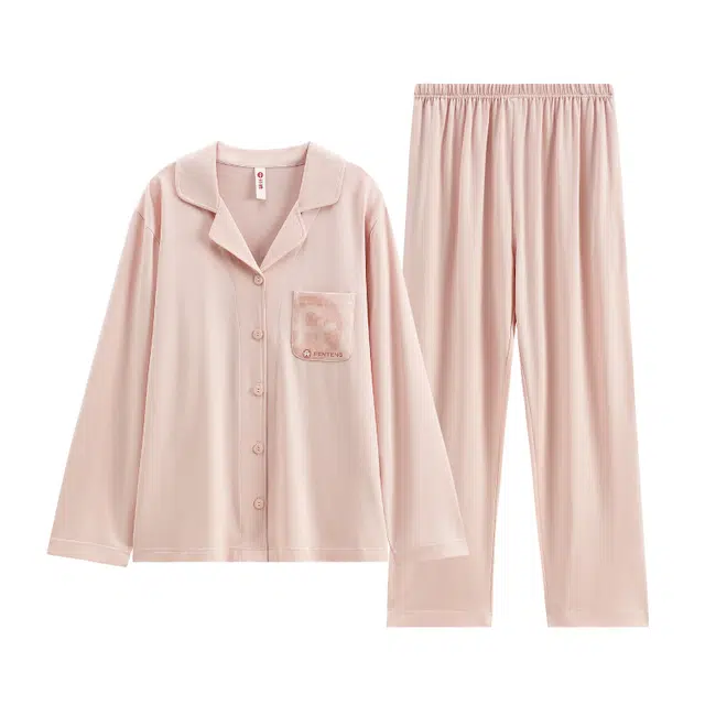 芬腾 纯色简约翻领上衣亲肤透气长裤睡衣套装 女款