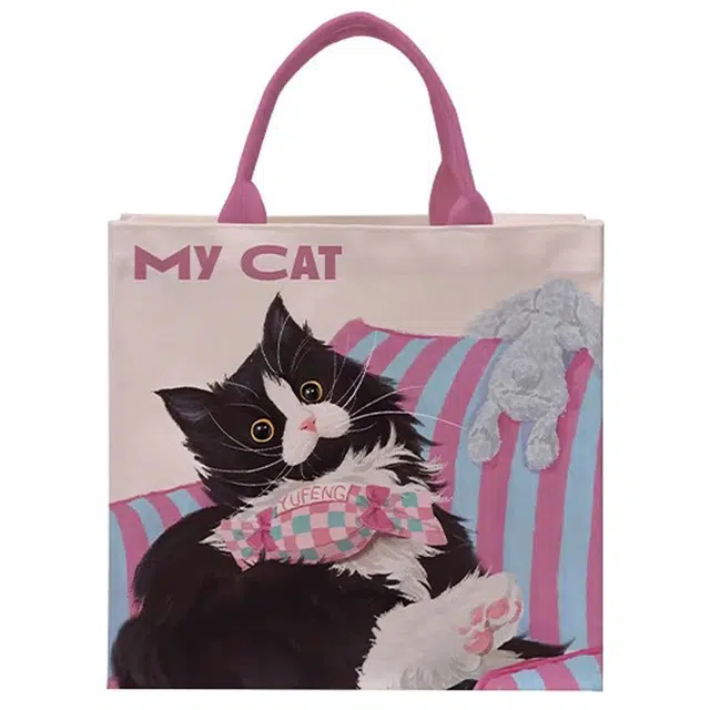 奥松 家用家居买菜包可爱猫上班通勤高级 绒面科技布 手提包 男女同款情侣款 粉拼黑