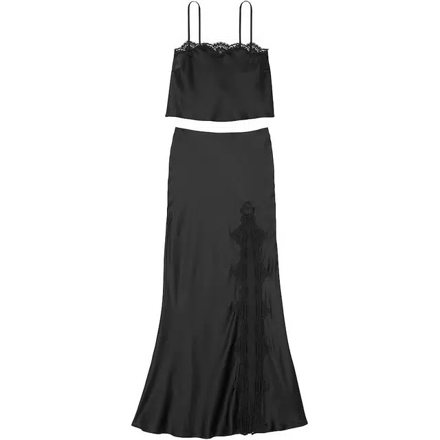 Victoria's Secret Satin Lace-Trim Cropped Top Slip Skirt Set B