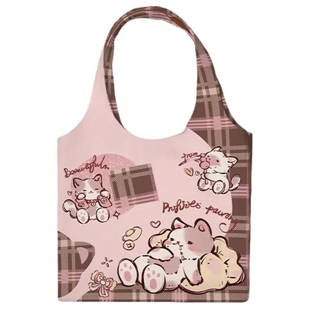 奥松 大容量可爱猫上班通勤慵懒风 绒面科技布 单肩包 女款 粉色