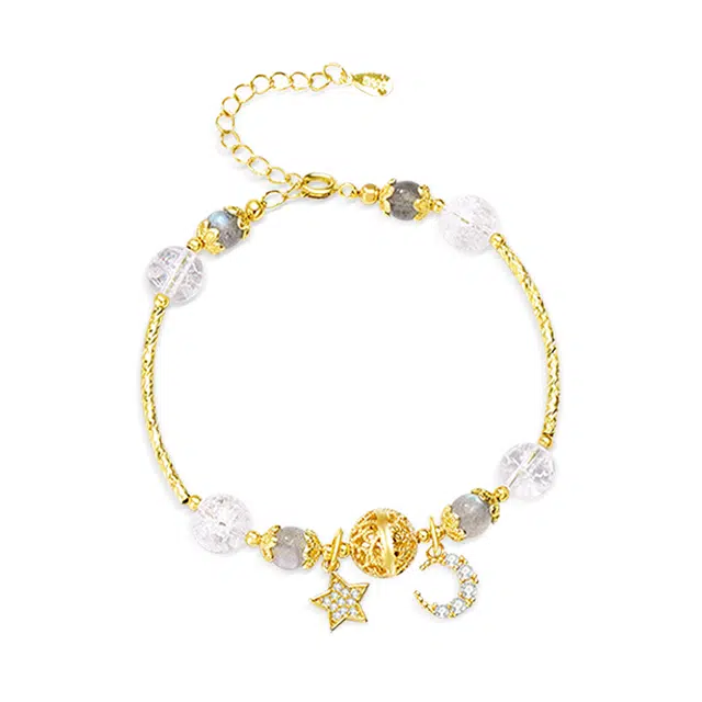 金六福吉祥 白爆花镂空球星月 水晶 手链 女款