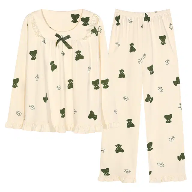 梦特娇 可爱甜美公主风方领纯棉长袖长裤家居服可外穿 卡通满印精致设计 舒适亲肤透气休闲简约宽松大码睡衣套装 秋冬 女款 两件装 白色