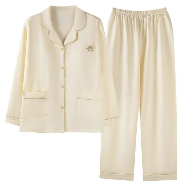 草本初色 纯色简约微弹带胸垫上衣亲肤透气长裤睡衣套装 女款 杏色