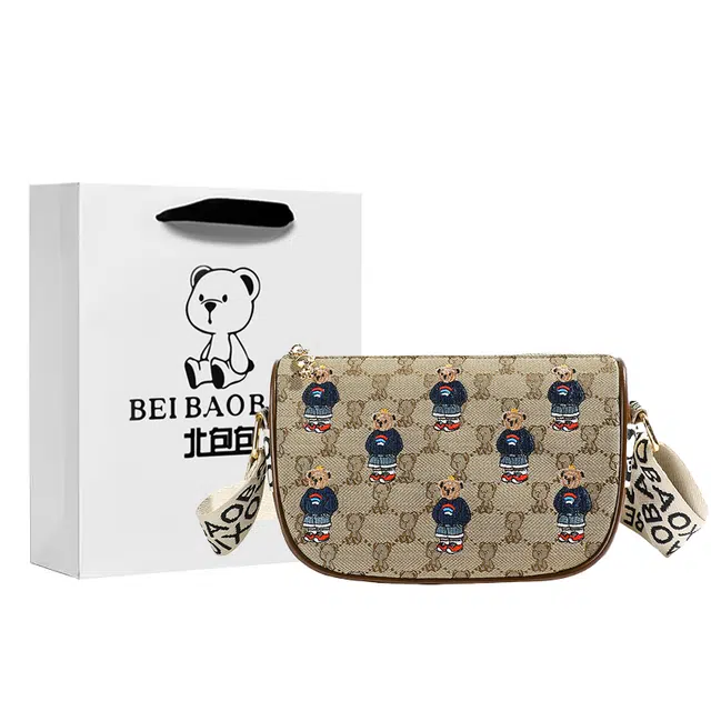 北包包 欧美时尚提花斜挎包休闲通勤手机包百搭小方包 布 单肩包 常规 女款 卡其卫衣熊/米白卫衣熊/米白衬衫熊