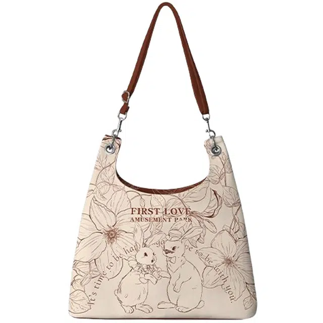 奥松 家用家居初恋游园可爱设计感小众大容量上班通勤休闲手提袋 绒面科技布 单肩包 男女同款情侣款 米白色