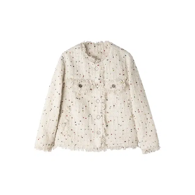 桴生 美式温柔小香风提花高级感短款时尚潮流彩色波点流苏宽松高级感长袖日常休闲百搭上衣截短外套 女款 杏色