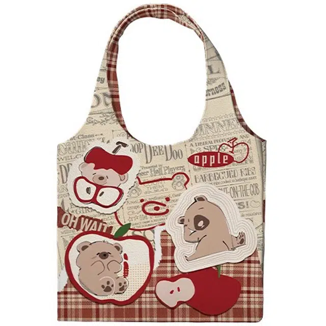 奥松 可爱通勤慵懒松弛感手提购物袋 帆布 帆布包单肩包 男款 格格苹果熊