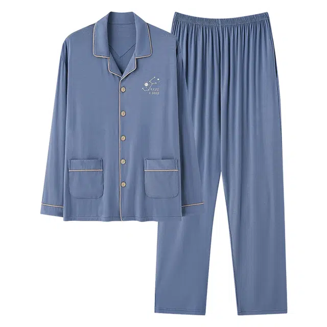 睦隆世家 简约亲肤透气柔软细腻舒适耐磨长袖长裤家居服睡衣套装 男款 亮钢蓝