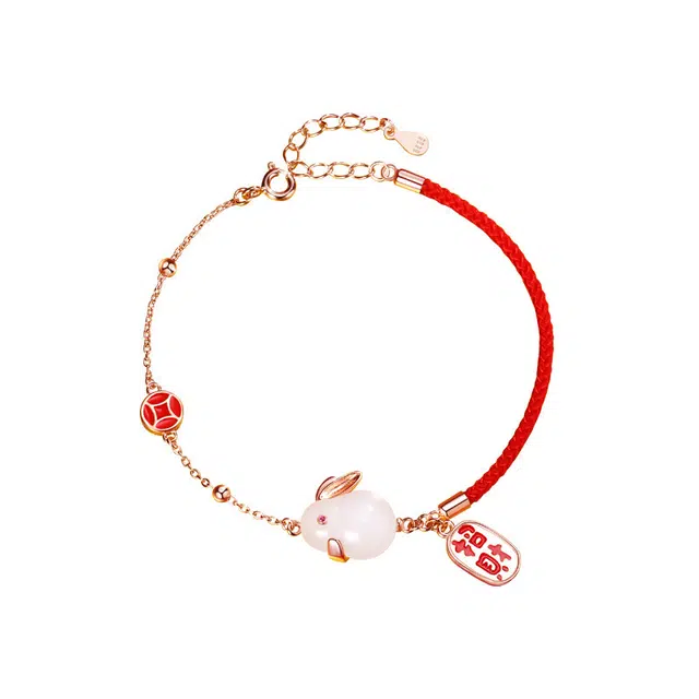 骊碧 和田玉兔子红绳国潮本命年招财纳福铜钱手绳实用高档轻奢有意义 仪式感 手链 白玉/青白玉 女款